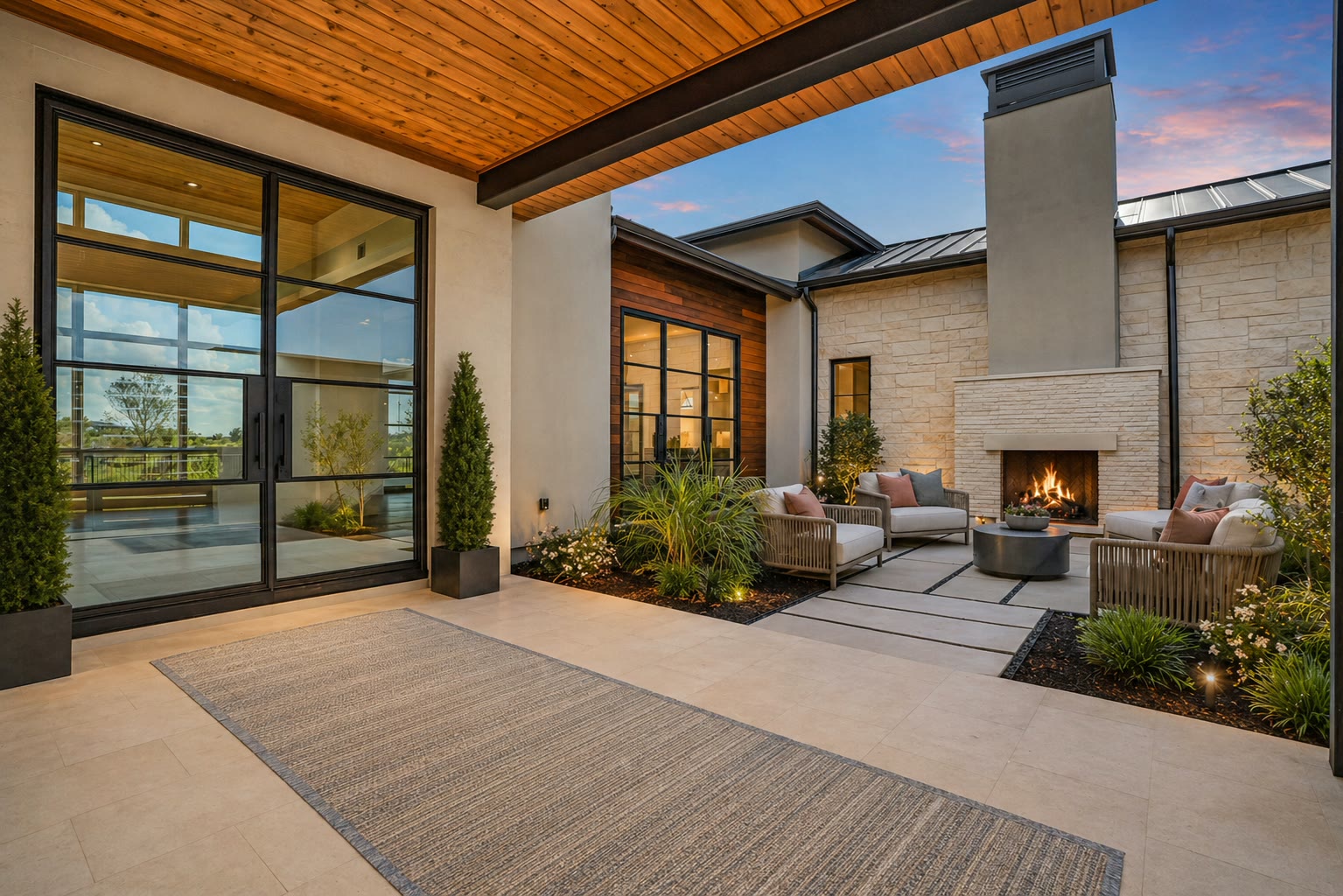 Courtyard fireplace and outdoor living at 1043 Overlook Parkway in The Trails of Horseshoe Bay