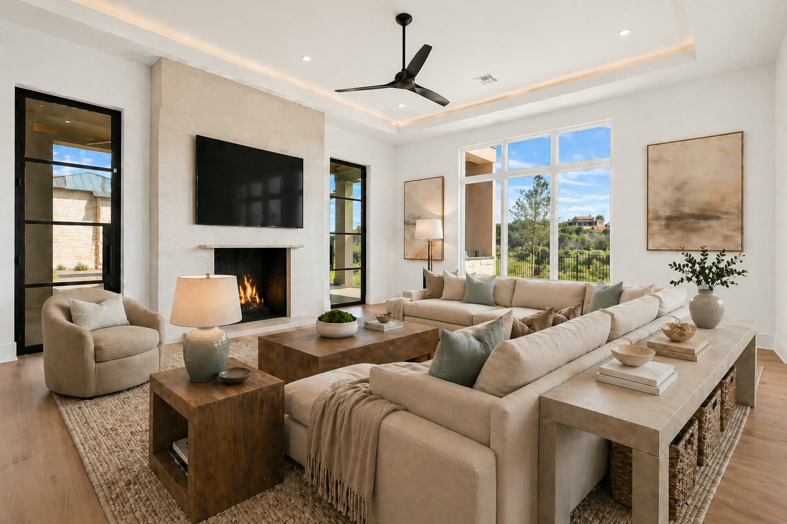 Den with fireplace and steel-framed windows at 1043 Overlook Parkway