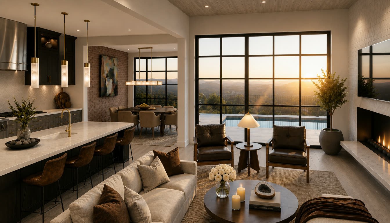 Kitchen, breakfast room, living area, and fireplace rendering at 4408 Amarra
