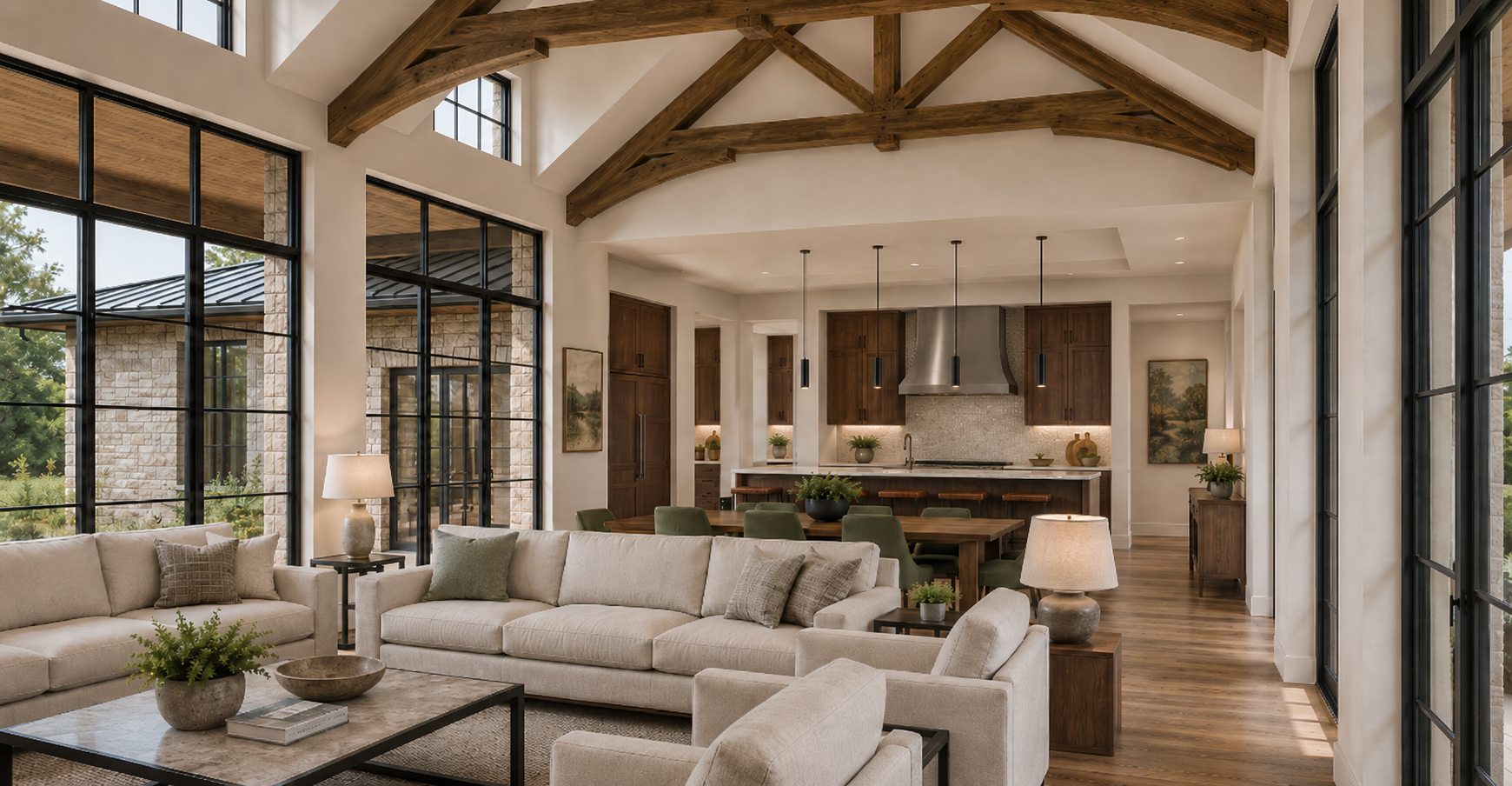 Living room and kitchen rendering at 8211 Valerio
