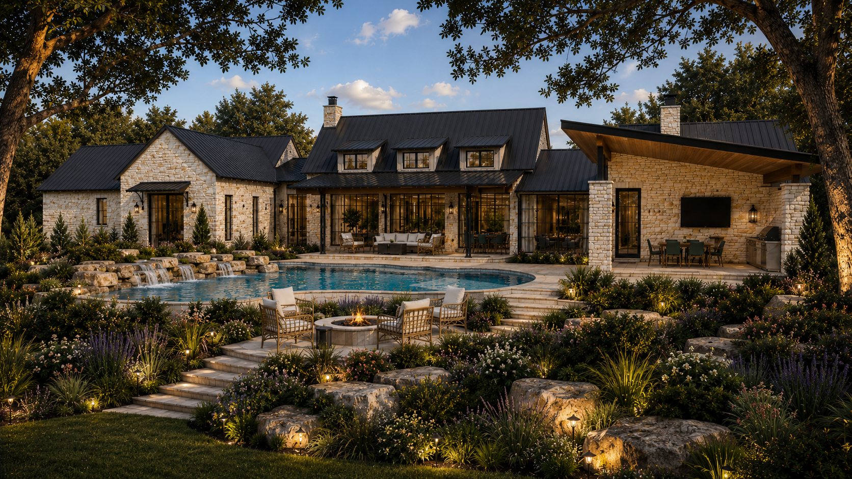 Rear pool terrace rendering at 8211 Valerio in a wooded setting